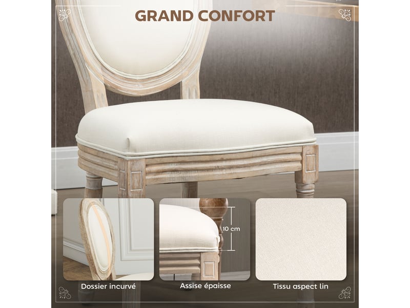  Lot de 2 chaises de salle à manger - chaise de médaillon salon style louis xvi aspect lin beige  - Conforama E