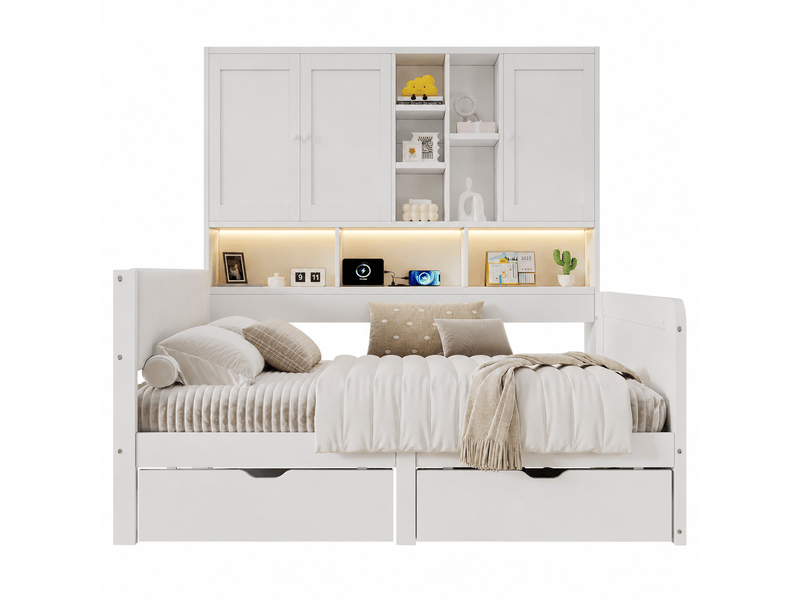 Lit enfant simple 90×200 cm avec led, usb, type-c, 2 tiroirs et rangement - sans matelas, mdf et pu blanc - Conforama A