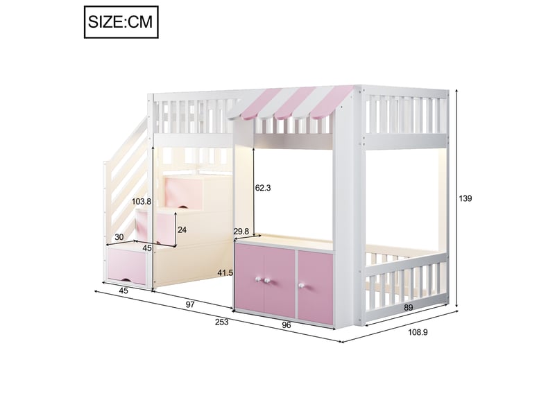  Lit mezzanine 90x200 cm avec rangement et éclairage led bois rose et blanc sans matelas  - Conforama C