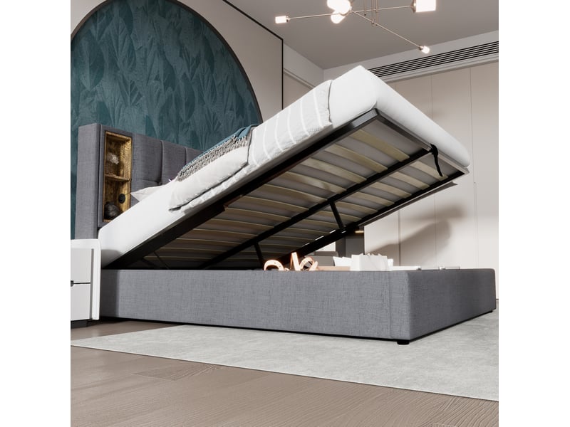  Lit coffre tcqpz 160 x 200 cm avec chargement sans fil usb c en coton gris  - Conforama D