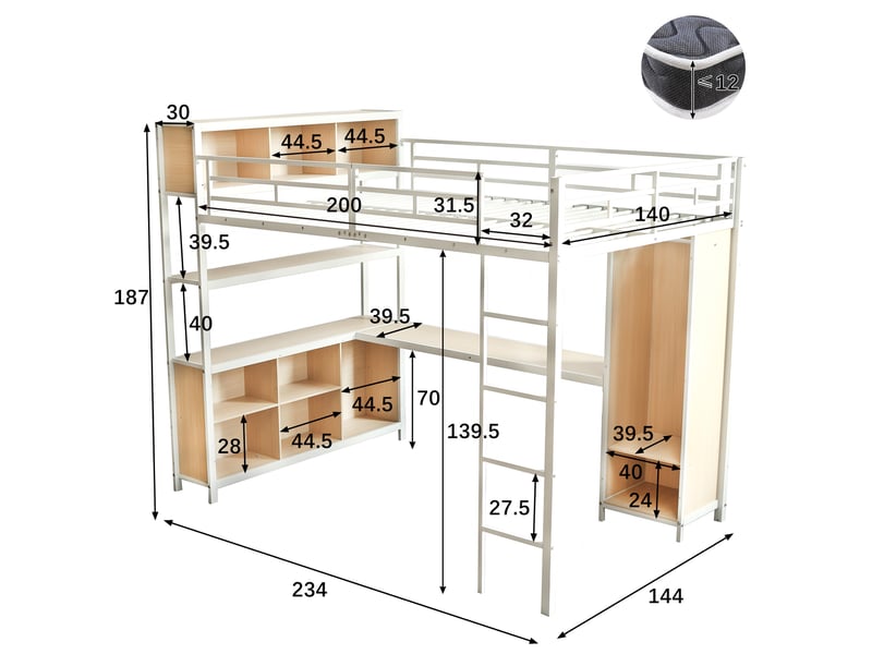 Lit mezzanine 2 personnes 140x200 cm, lit surélevé avec bureau et armoire intégrée, lit combiné adulte et ado en métal et bois, blanc et naturel - Conforama E