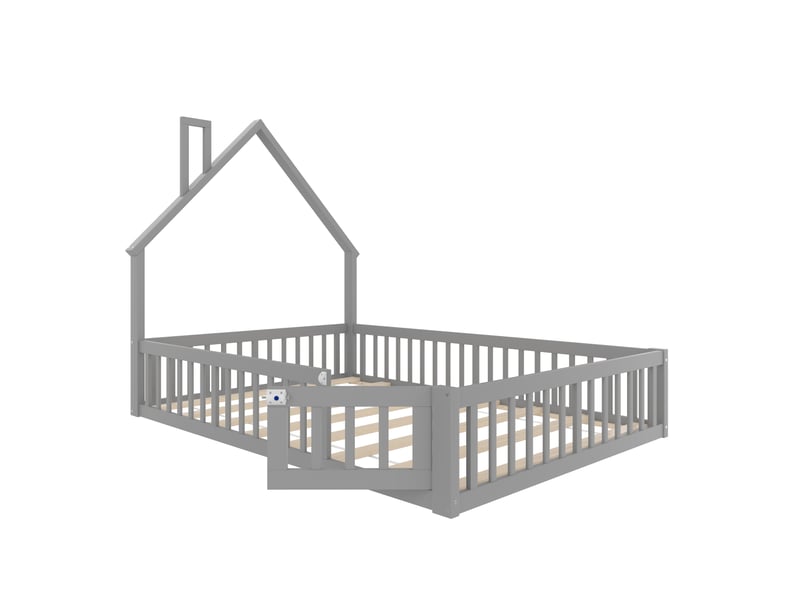  Lit enfant 140x190 cm en pin gris, forme maison, avec sommier, style minimaliste  - Conforama E