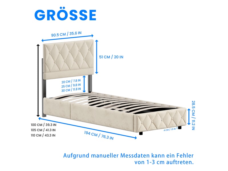  Lit coffre 90x190 cm velours beige, tête de lit capitonnée, ouverture hydraulique, sommier à lattes inclus  - Conforama C