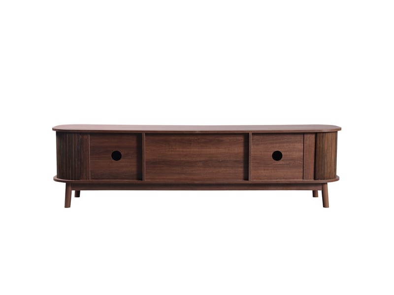  Meuble tv 170x39,5x46 cm avec portes en bois et tiroirs en rotin tressé, design naturel, mdf finition bois naturel  - Conforama D