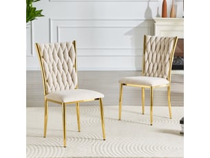 Chaise de salle à manger avec dossier tressé et assise rembourrée  - velours métal - beige et or