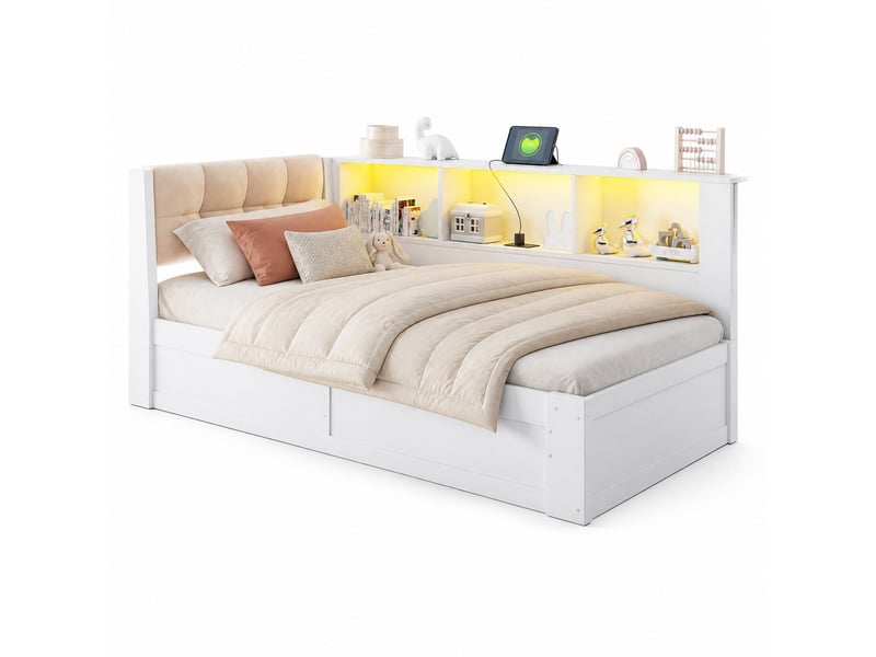  Lit de jour 90x200 cm équipé de levage hydraulique, led et usb, mdf, bois, panneau de particules, blanc, matelas non fourni  - Conforama A