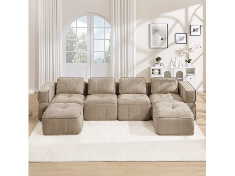  Canapé modulable u 4 places 344x162x67 cm, mousse 32d, 2 poufs, polyester, sable  - Conforama B