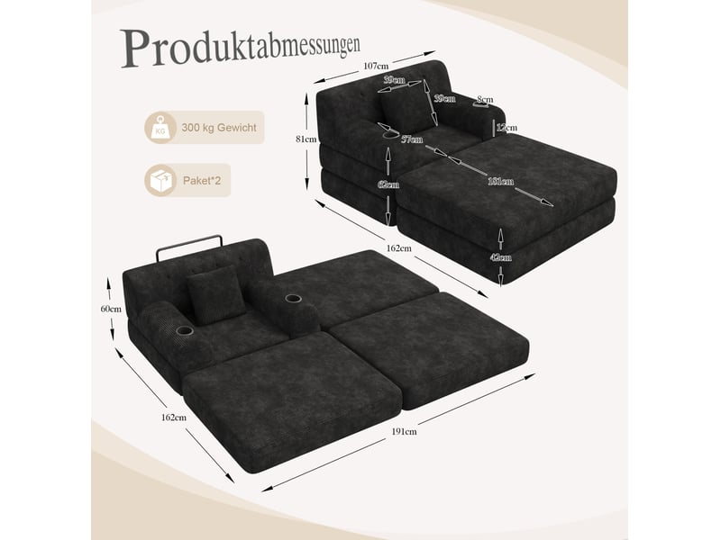  Fauteuil-lit 1 place avec repose-pieds 107x162x81 cm, couchage 191 cm, velours côtelé noir sans matelas  - Conforama C