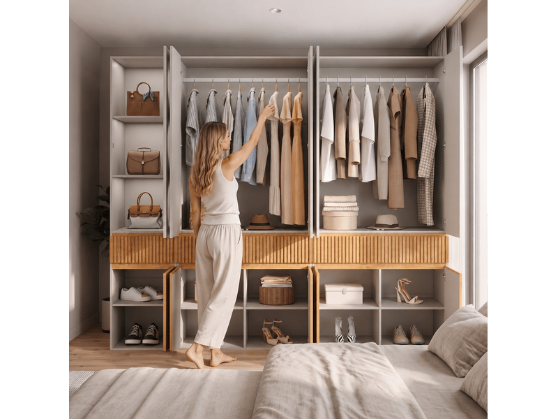  Armoire 10 portes avec 2 penderies, 3 tiroirs et niches ouvertes pour chambre en mdf gris et chêne clair 225 × 50 × 200 cm  - Conforama D
