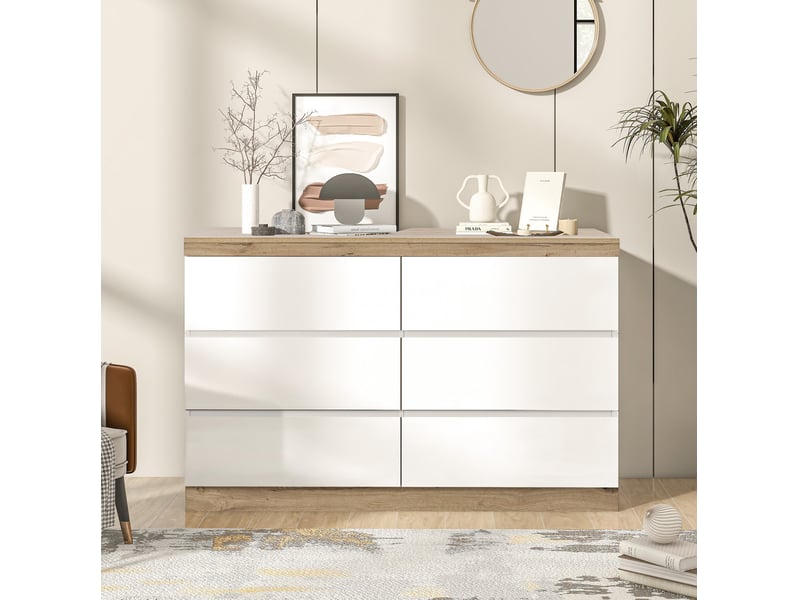  Commode 6 tiroirs 110x40x67,5 cm, style classique, panneau de particules, blanc et chêne, grande capacité de rangement  - Conforama D