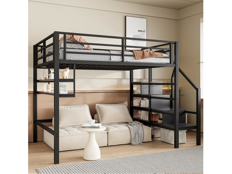  Modenvie lit mezzanine enfant 140x200 cm - avec étagères et escalier de rangement, sans matelas - noir  - Conforama E