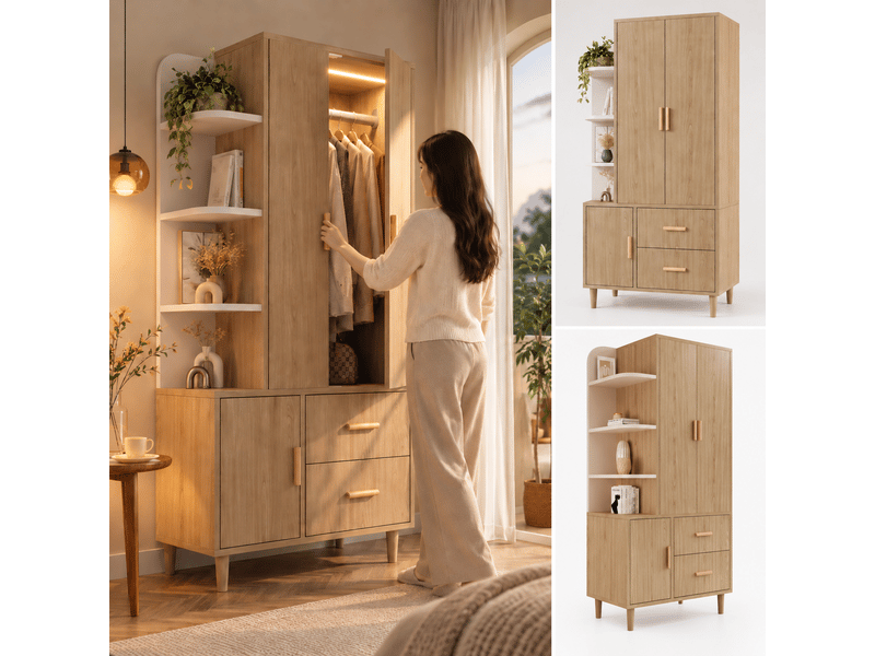  Armoire penderie 80x48x176 cm avec led à capteur, 2 tiroirs, étagères ouvertes et tringle en métal, garde-robe à fermeture douce, blanc et effet chêne Seren Glow - Conforama B