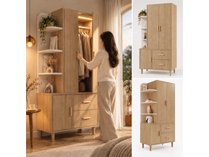 Armoire penderie 80x48x176 cm avec led à capteur, 2 tiroirs, étagères ouvertes et tringle en métal, garde-robe à fermeture douce, blanc et effet chêne