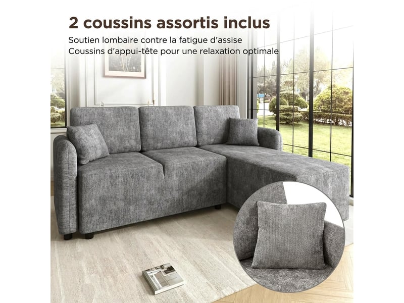  Canapé d'angle 3 places en l avec méridienne longue 144 cm - chenille grise, 2 coussins inclus  - Conforama E