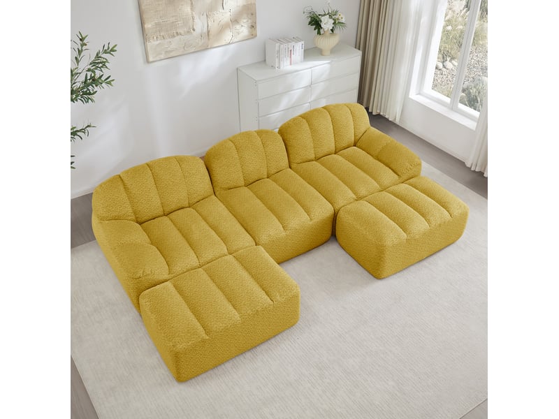  Canapé modulaire 3 places en u avec 2 poufs, tissu bouclette granuleux jaune  - Conforama D
