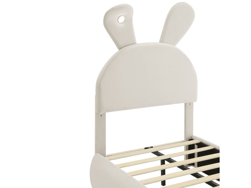 Lit enfant 90 x 200 cm en velours beige avec oreilles de lapin, led et 2 poufs Fay Lum - Conforama D