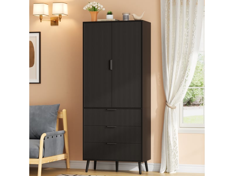 Buffet - 75x35x180 cm - meuble de rangement haut avec 2 portes, 3 tiroirs et étagères de porte - noir - Conforama C