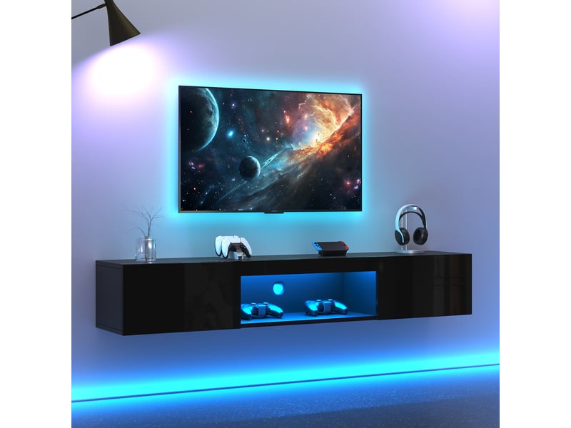  Meuble tv mural suspendu noir brillant avec led bluetooth - 160 cm pour téléviseur 70 pouces  - Conforama R