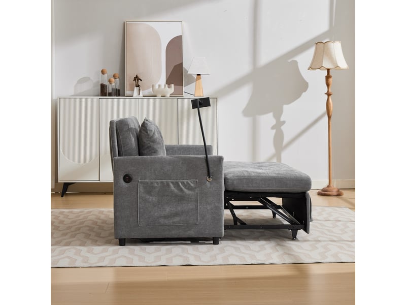 Fauteuil convertible 1 place avec port usb et support tablette  - cadre métal bois, tissu gris 109×72×83,5 cm  - Conforama E