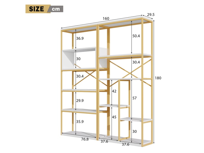 Bibliothèque 160 x 29,5 x 180 cm – blanc et doré – rangement ouvert, renfort arrière croisé - Conforama C