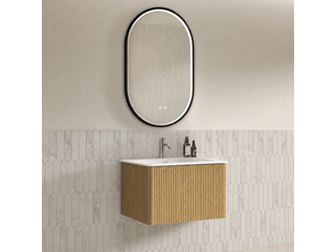 Ensemble meuble sous-vasque 60 cm 1 tiroir chêne et miroir led 50x80 cm