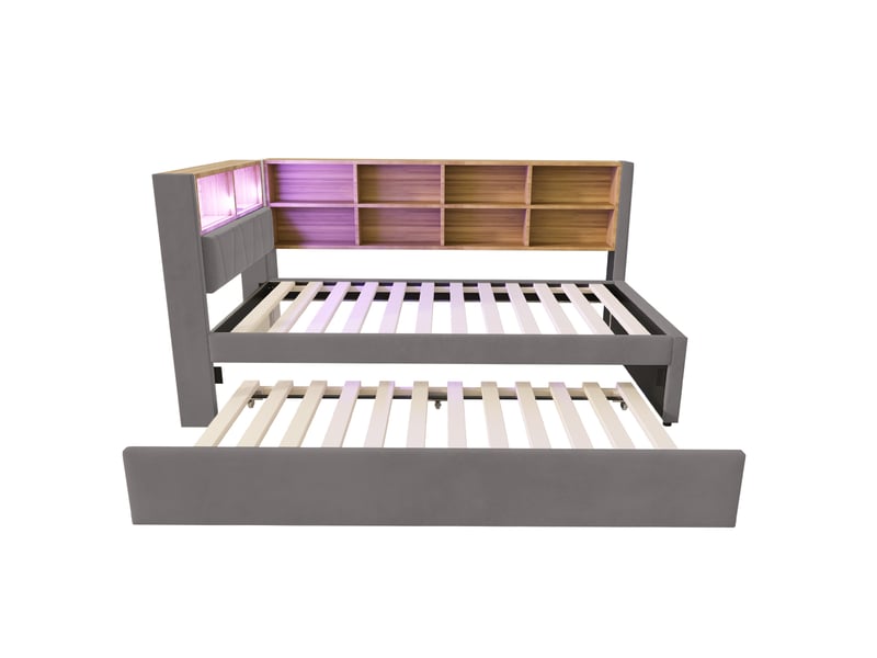 Lit enfant gigogne 90 x 200 cm + 90 x 190 cm led usb-c et prise secteur multiple flanelle gris foncé sans matelas - Conforama E