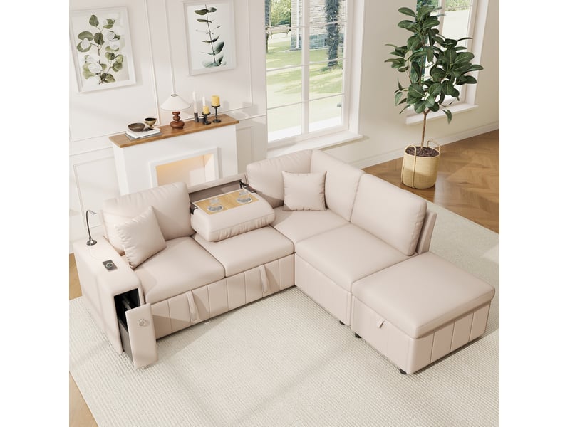 Canapé d'angle 213x184x88cm, table rabattable, ports usb, lampe de lecture, pouf, meuble de salon, matière lin, beige - Conforama B