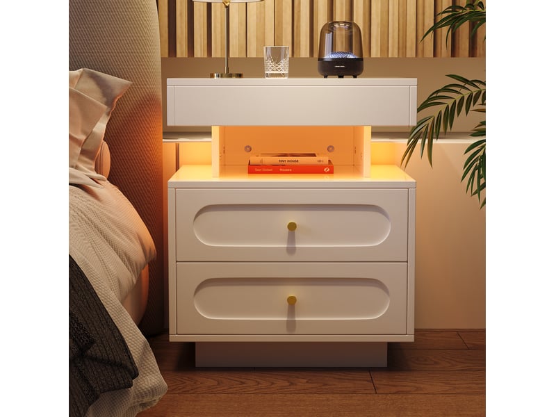  Table de chevet led 2 tiroirs avec rangement ouvert blanche 100 x 40 x 60 cm cravdom  - Conforama B