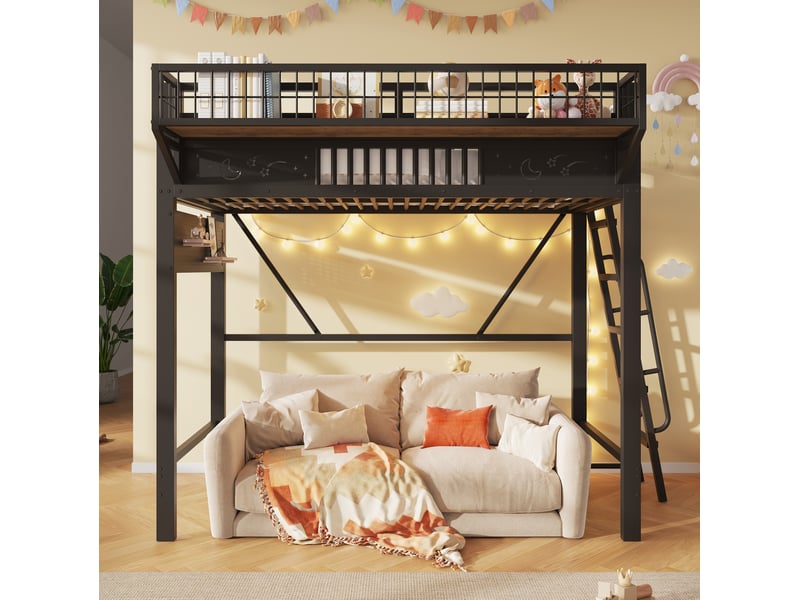  Lit mezzanine enfant 90 x 200 cm en métal noir, avec rangements latéraux et espace ouvert, sans matelas  - Conforama E