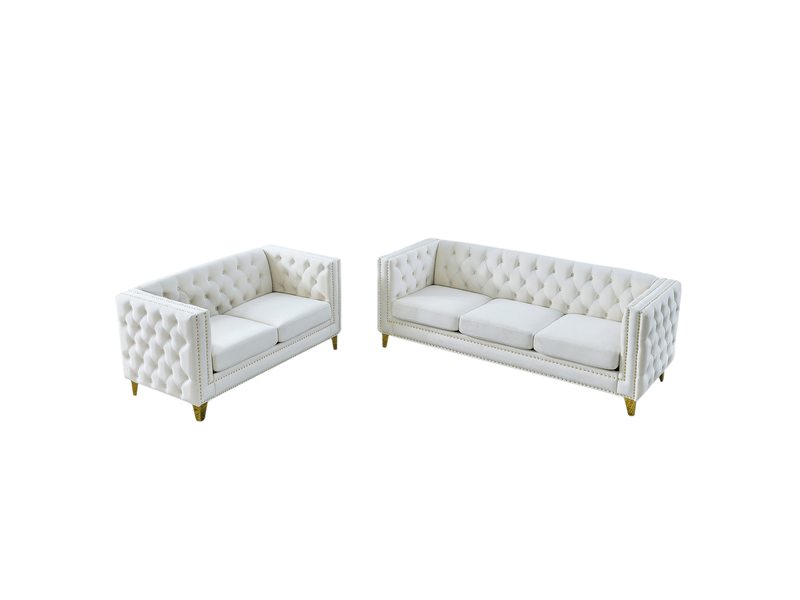  Canapé droit, coloris beige, matière mousse, ressorts, velours et bois, 5 places  - Conforama A