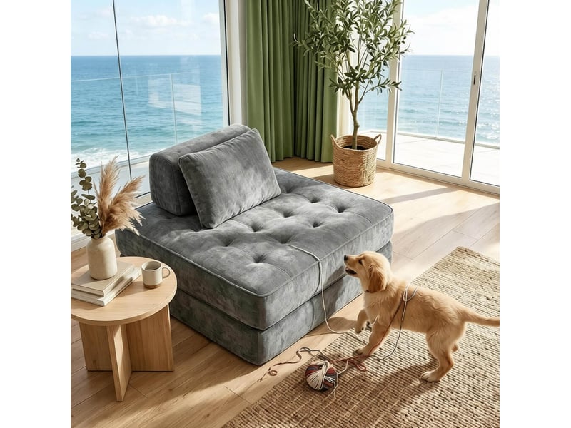  Canapé-lit 1 place modenvie convertible 2 en 1 en chenille gris 97 x 194 cm  - Conforama D