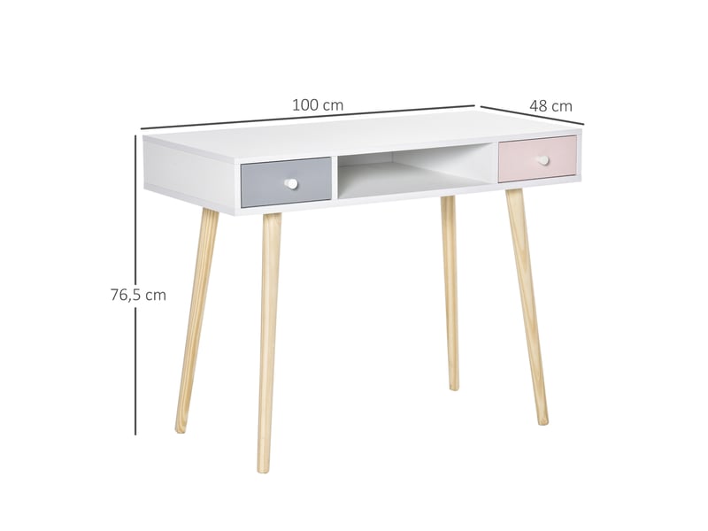  Bureau enfant style scandinave avec tiroir et compartiment de rangement 100l x 48l x 76,5h cm mdf et pin blanc gris et rose  - Conforama D