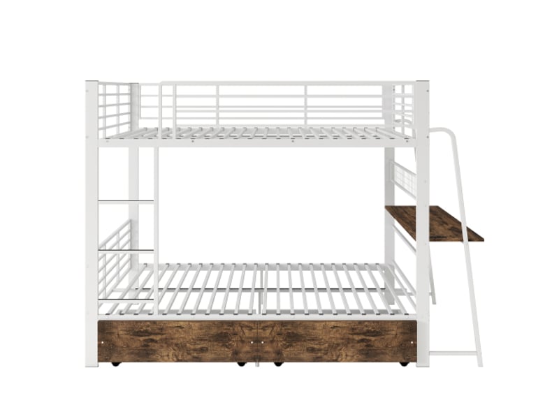 Lit métal, 140×200 cm, cadre en métal, lit surélevé avec bureau + 2 tiroirs, bandeau led sync musique, prise, garde-corps + échelle, blanc - Conforama A