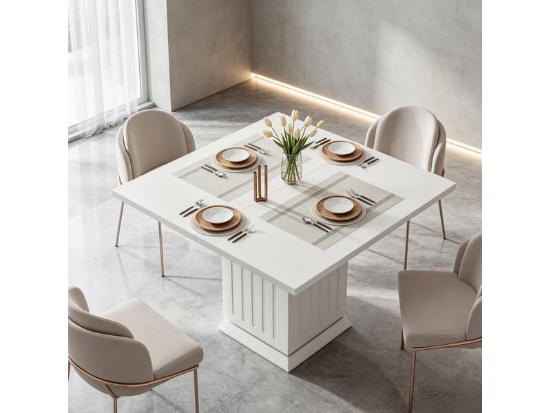  Table à manger carrée blanche 90 x 90 cm, 4 places, plateau en panneau de particules  - Conforama E