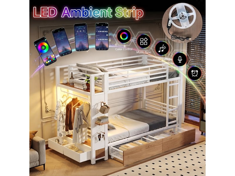  Lit jeune, 90x200 cm, éclairage led, rangement intégré, en métal, blanc, poids 72 kg cao-W6575S00002-conf-NEW - Conforama W