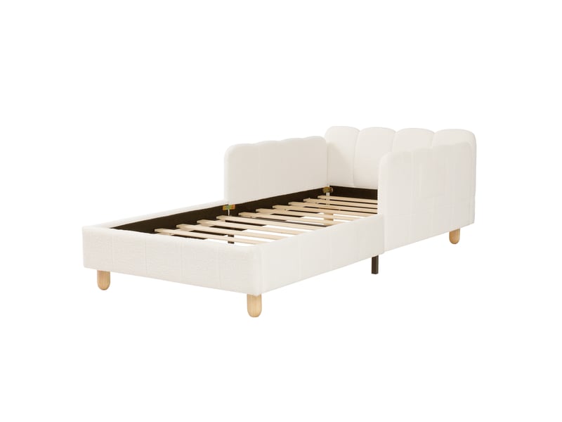  Lit 90x200 cm avec tête de lit rembourrée, lit simple avec pieds en bois massif, lit d'enfant en velours bouclé, couleur beige  - Conforama B