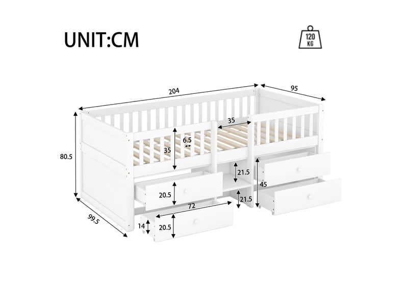  Lit enfant mi-hauteur 90 x 200 cm avec 4 tiroirs, échelle et barrières, blanc  - Conforama C