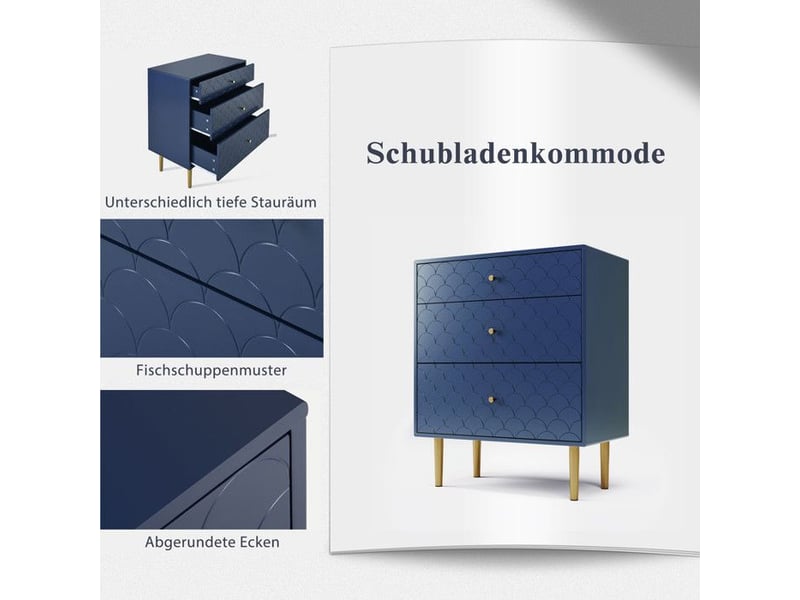  Commode bleu marine - sécurisée angles arrondis - dessus motif écailles unique - 3 tiroirs profondeurs différentes &amp; pieds champagne bleu - Conforama C