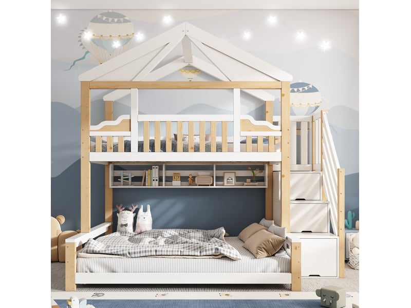  Lit superposé enfant cabane 90x200 et 140x200 cm avec escalier de rangement, blanc et bois naturel  - Conforama D