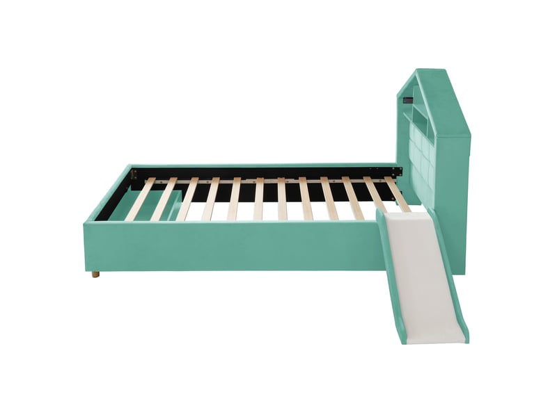  Lit enfant 90x200 cm bleu vert en velours, toboggan réversible, led et grand rangement sous le lit  - Conforama D
