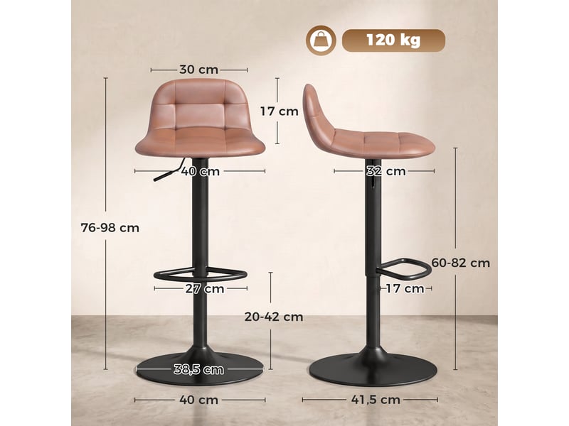  Lot de 2 tabourets de bar en cuir pu, rétro-industriel, hauteur réglable, pivotant 360°, 40x41,5x76-98cm, marron foncé  - Conforama C