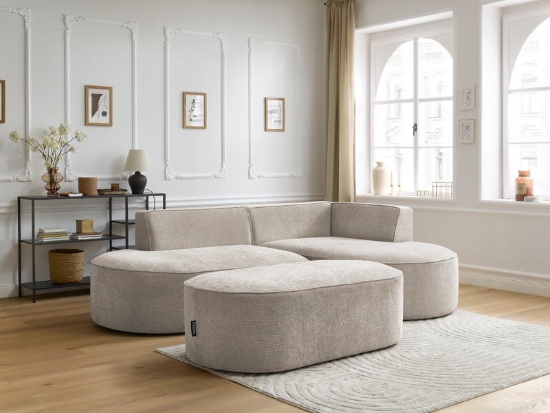 Bobochic canapé d'angle fixe rousseau tissu texturé avec pouf beige angle droit ROUSSEAU - Conforama C