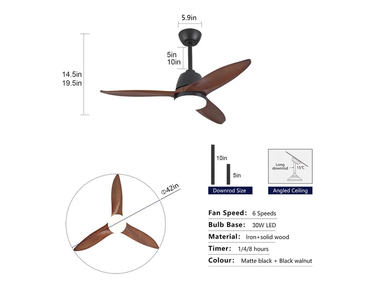  Ventilateur de plafond 107 cm éclairage led 3 couleurs dimmable bois massif noir et noyer foncé réversible silencieux  - Conforama E