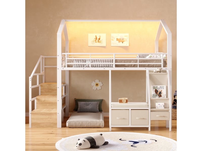  Lit mezzanine 140 x 200 cm – avec étagère de rangement en tissu – avec 3 tiroirs – avec échelle – avec éclairage led – blanc (matelas non inclus)  - Conforama D