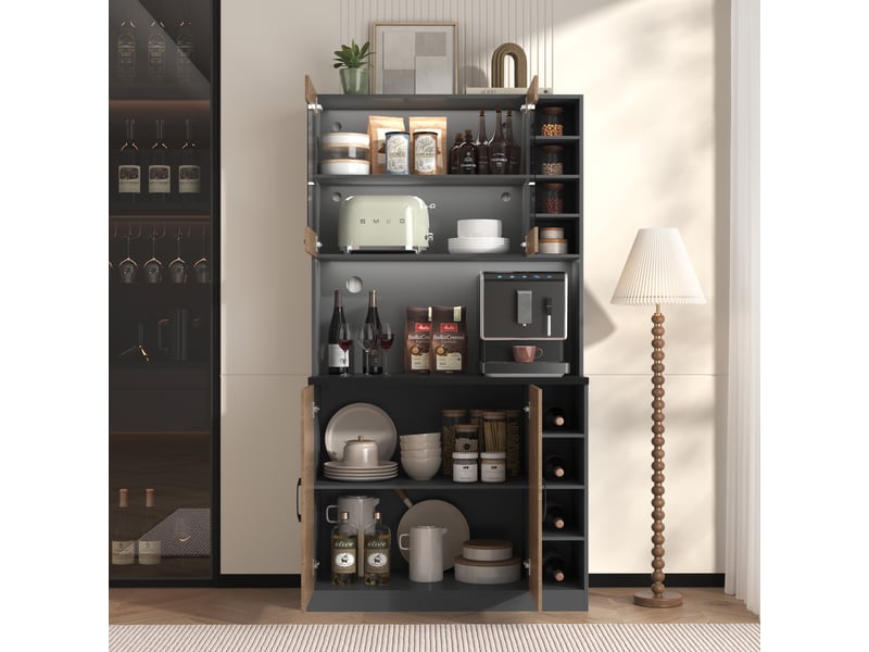 Armoire de cuisine avec led 100x47x187 cm, buffet haut pour micro-ondes, étagères réglables, gris et bois  - Conforama W