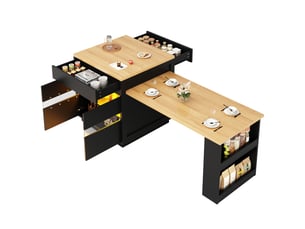 Îlot de cuisine extensible noir avec rangements, 121–195 × 70 × 93,6