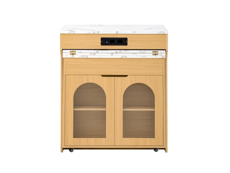  Îlot de cuisine avec table extensible et multiprise – verre strié, bahut à 2 tiroirs – îlotbarmeuble naturel  - Conforama A