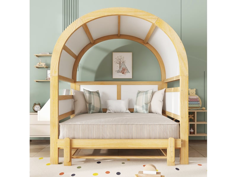  Lit enfant extensible 140x200 cm avec toit voûté et tablette latérale, lanc et bois naturel  - Conforama D
