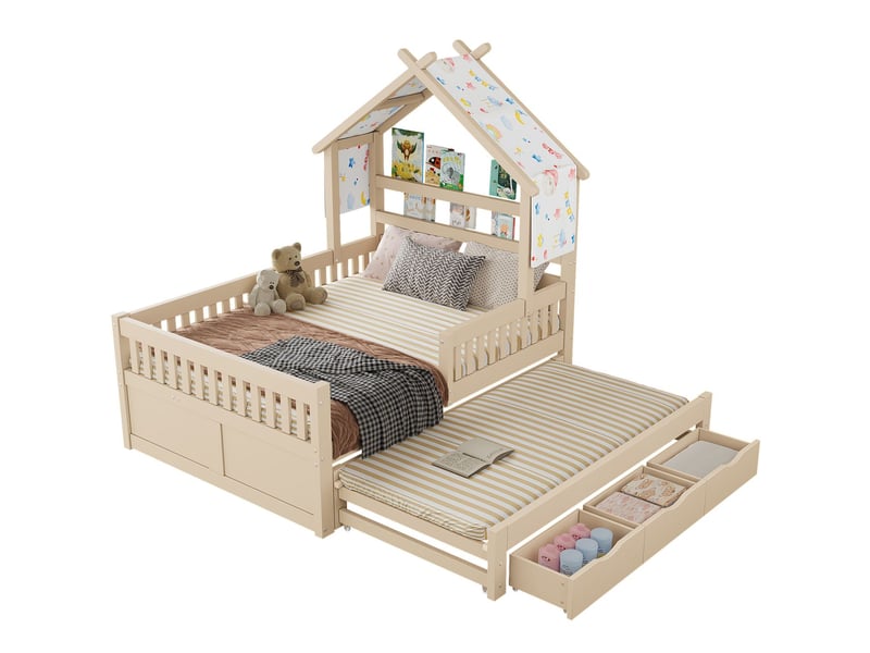  Lit gigogne 2 places 140 x 200 cm structure maison 3 tiroirs barrières de sécurité plateforme bois crème  - Conforama D