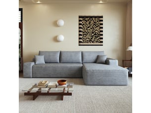 Canapé d’angle 3 places 270 x 175 cm gris, méridienne droite, velours côtelé
